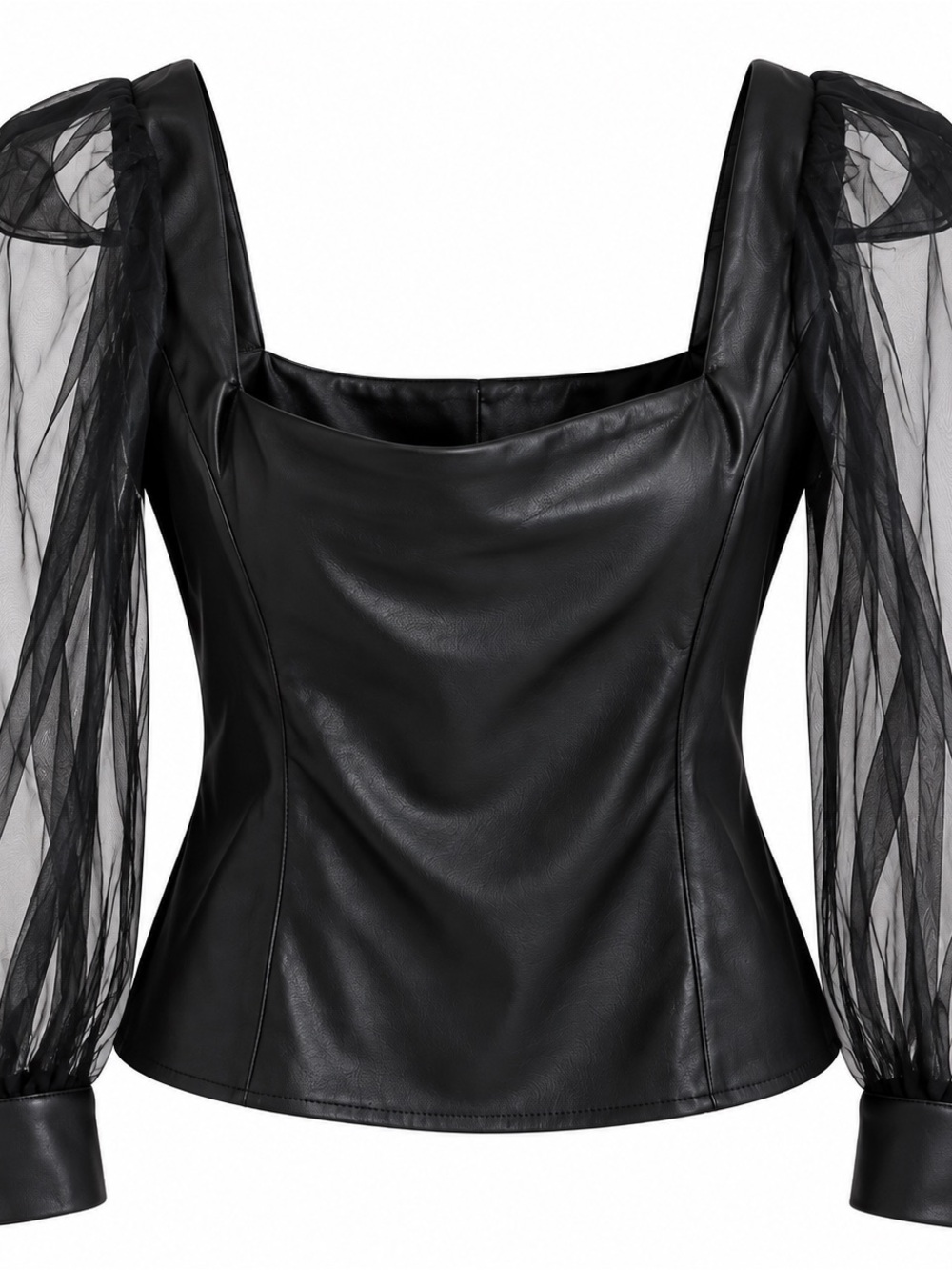 Andrew Marc Black Faux Leather Top with Sheer Puff Sleeves